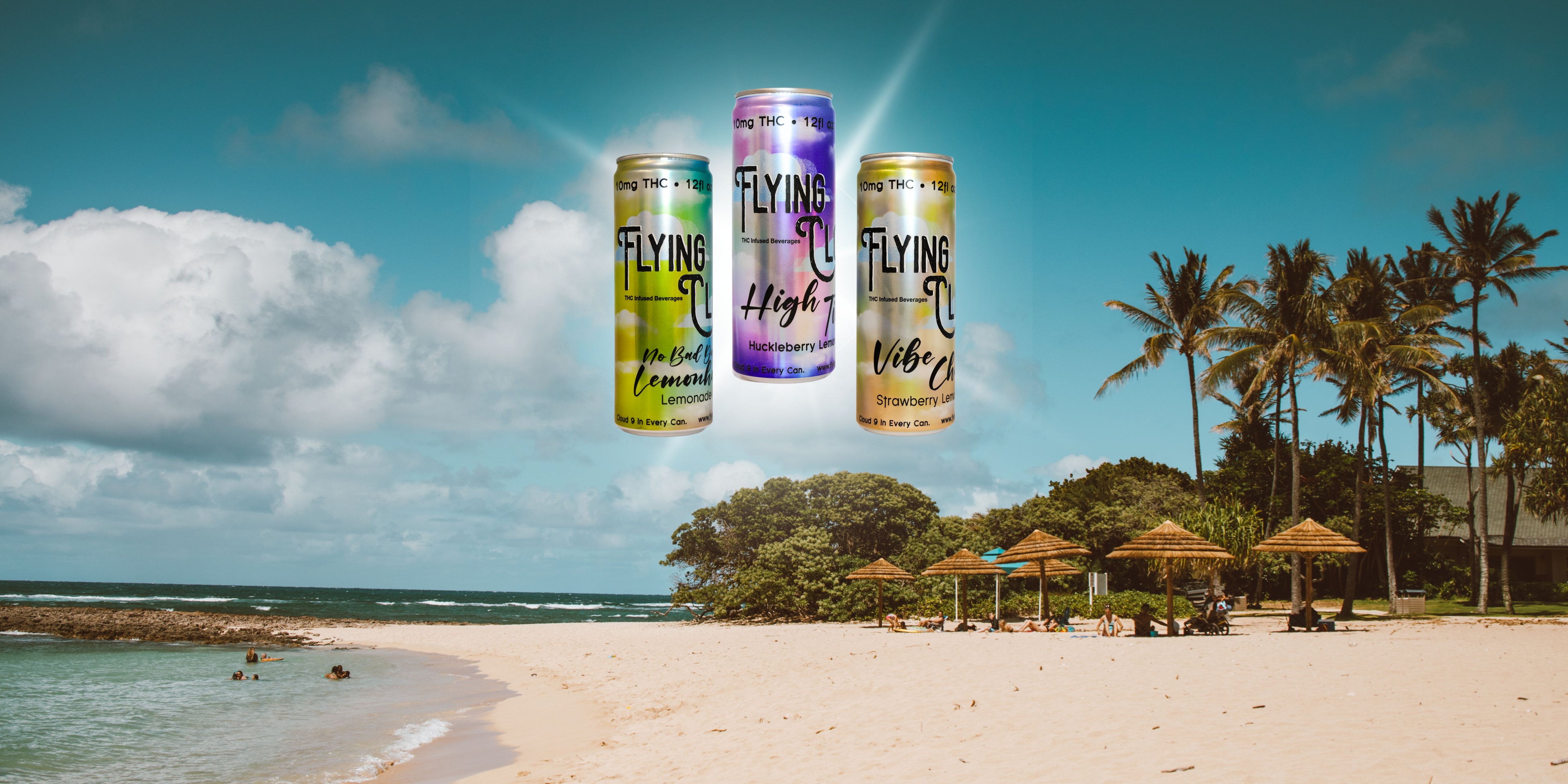 Three Flying Cloud THC beverages and drinks floating above a beach.