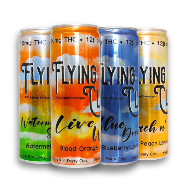 Picture of the Flying Cloud Beverages "Vibrant" Lemonade Variety Pack featuring THC Infused Blood Orange Lemonade, THC Infused Blueberry Lemonade, THC Infused Watermelon Lemonade, and THC Infused Peach Lemonade.