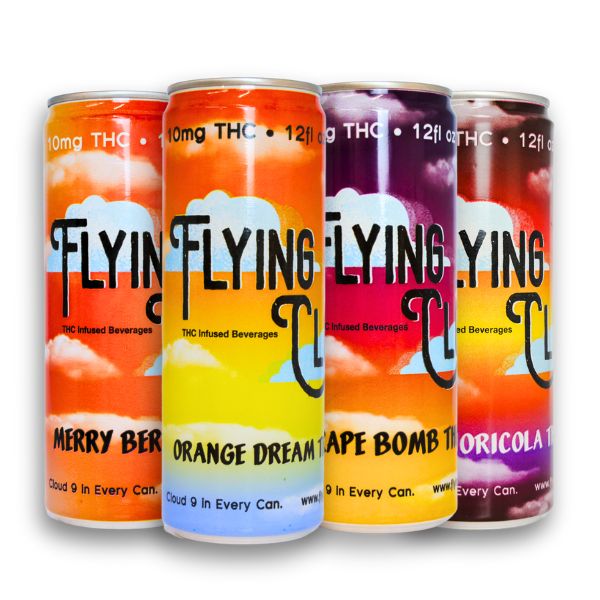 Picture of the Flying Cloud Beverages Soda Variety Pack featuring THC Infused Strawberry Soda, THC Infused Orange Soda, THC Infused Grape Soda, and THC Infused Classic Cola.