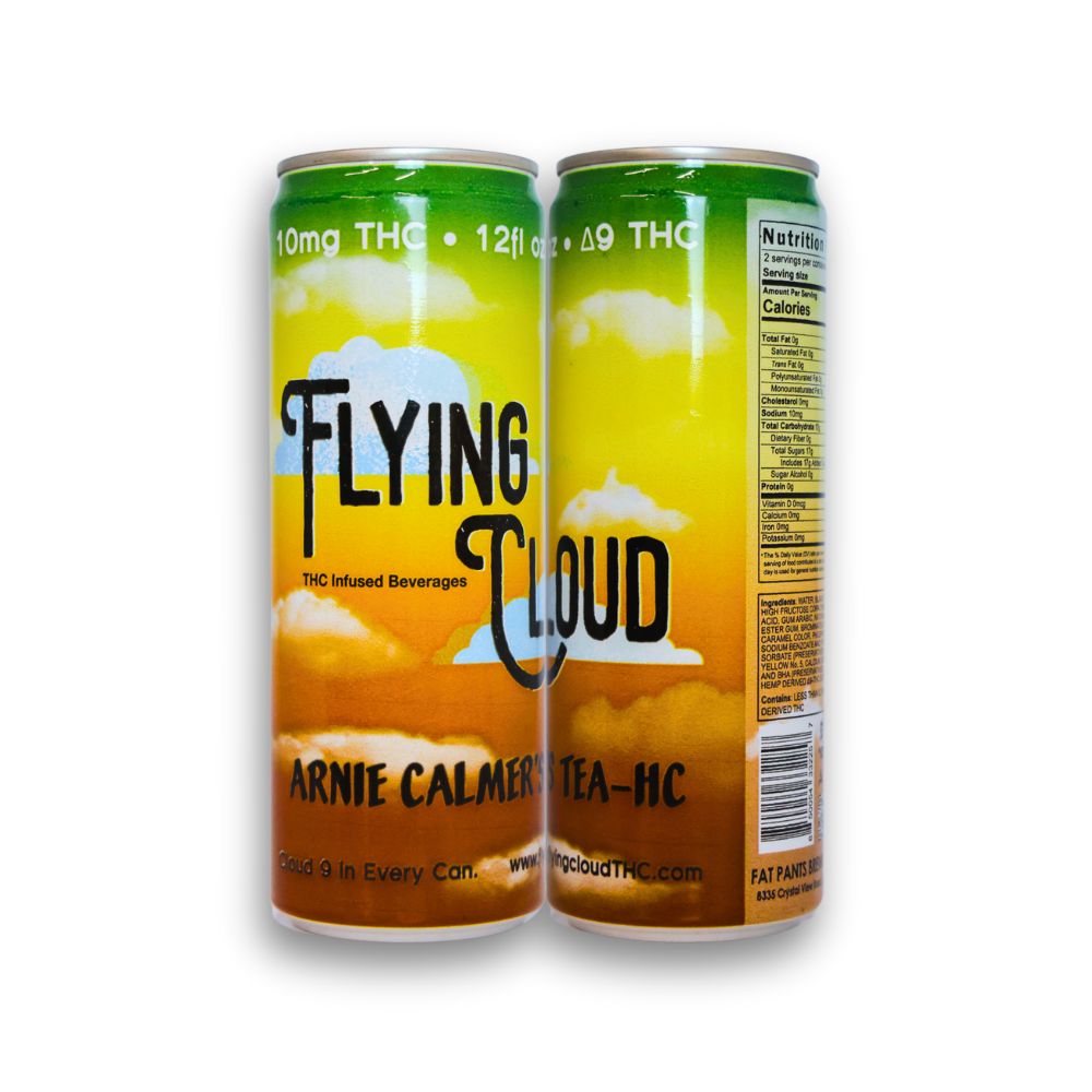 Two cans: Two Flying Cloud Arnie Calmer’s THC lemonade beverage cans.