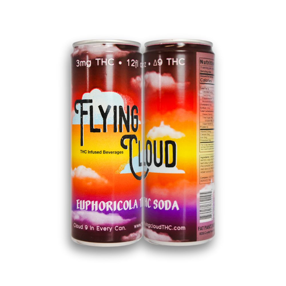 Two cans: Two Flying Cloud Classic Cola THC beverage cans.