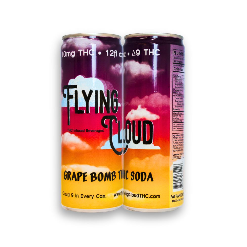 Two cans: Two Flying Cloud Grape Soda THC drink cans.