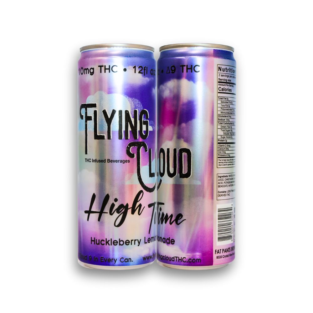 Two cans: Two Flying Cloud Huckleberry Lemonade THC beverage cans.