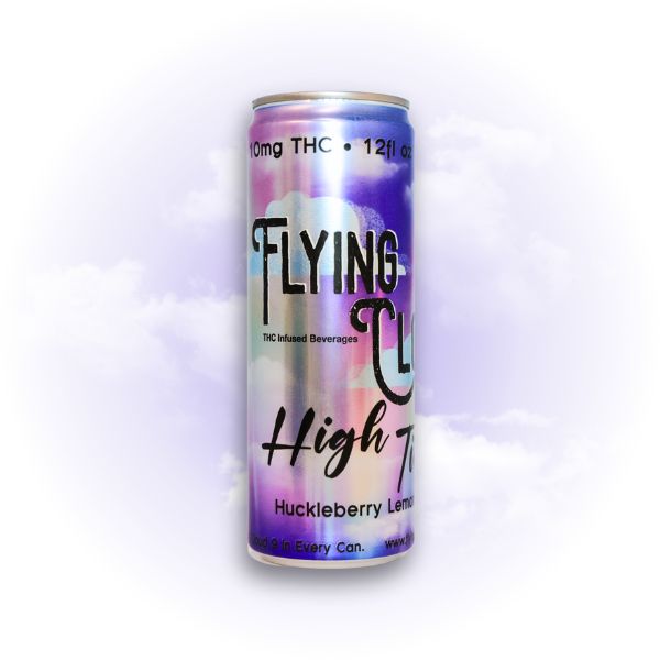 Single can: Flying Cloud High Time Huckleberry Lemonade THC drink can.