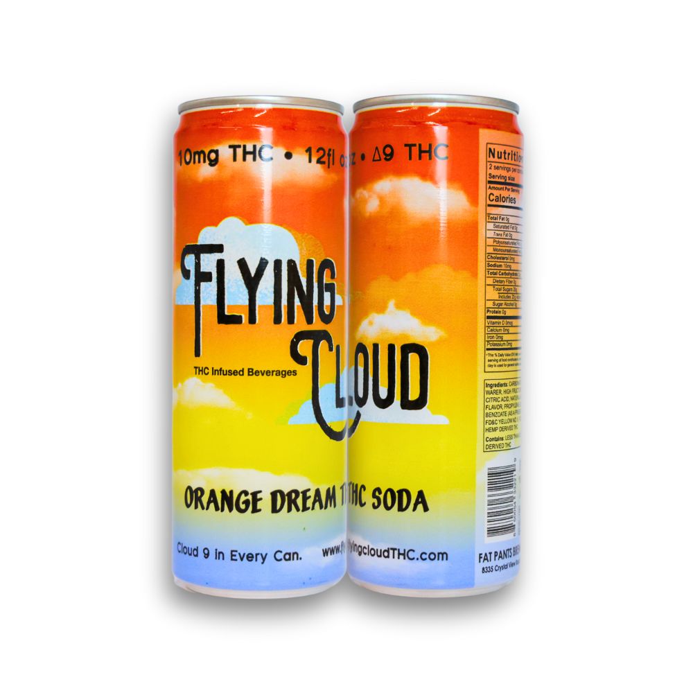 Two cans: Two Flying Cloud Orange Dream THC drink cans.