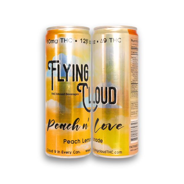 Two cans: Two Flying Cloud Peach Lemonade THC beverage cans.
