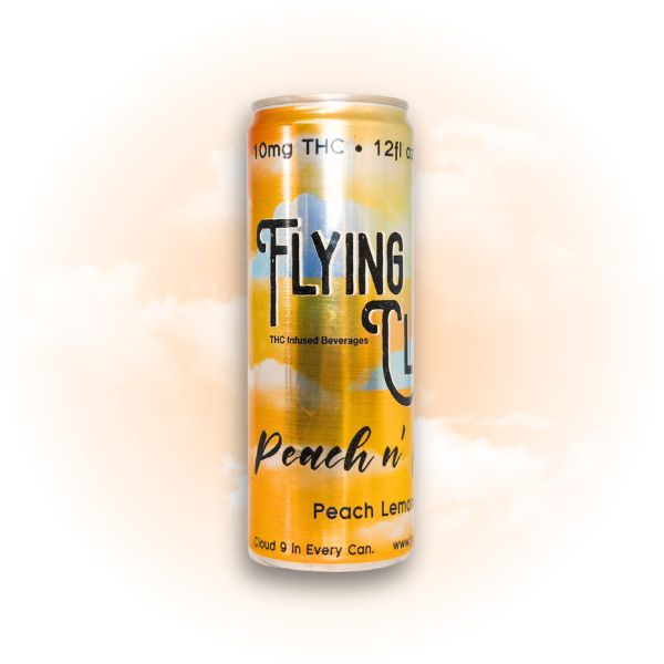 Single can: Flying Cloud Peach n’ Love THC lemonade can.