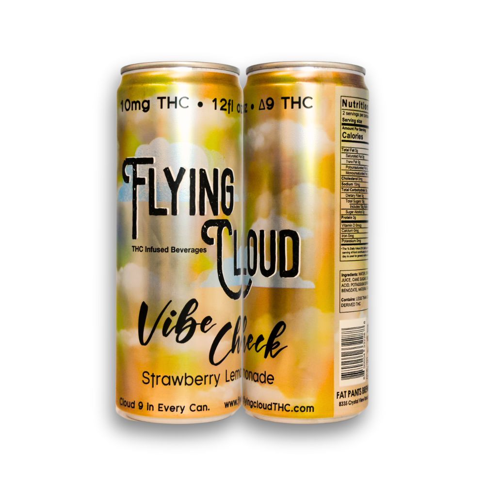 Two cans: Two Flying Cloud Strawberry Lemonade THC beverage cans.