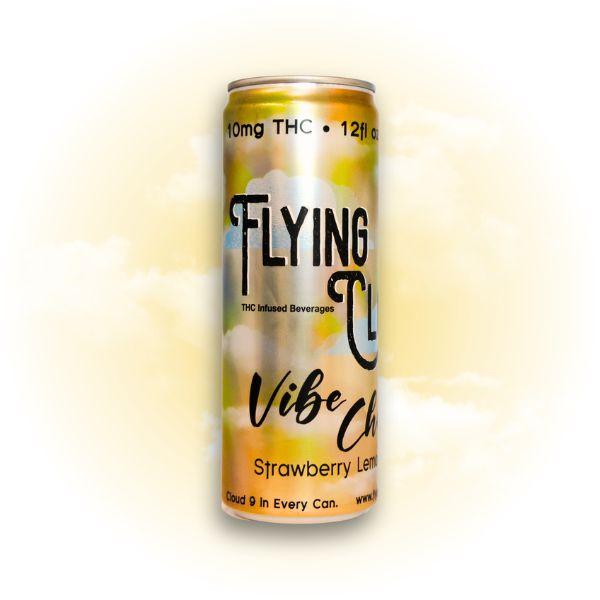 Single can: Flying Cloud Vibe Check Strawberry Lemonade THC drink can.
