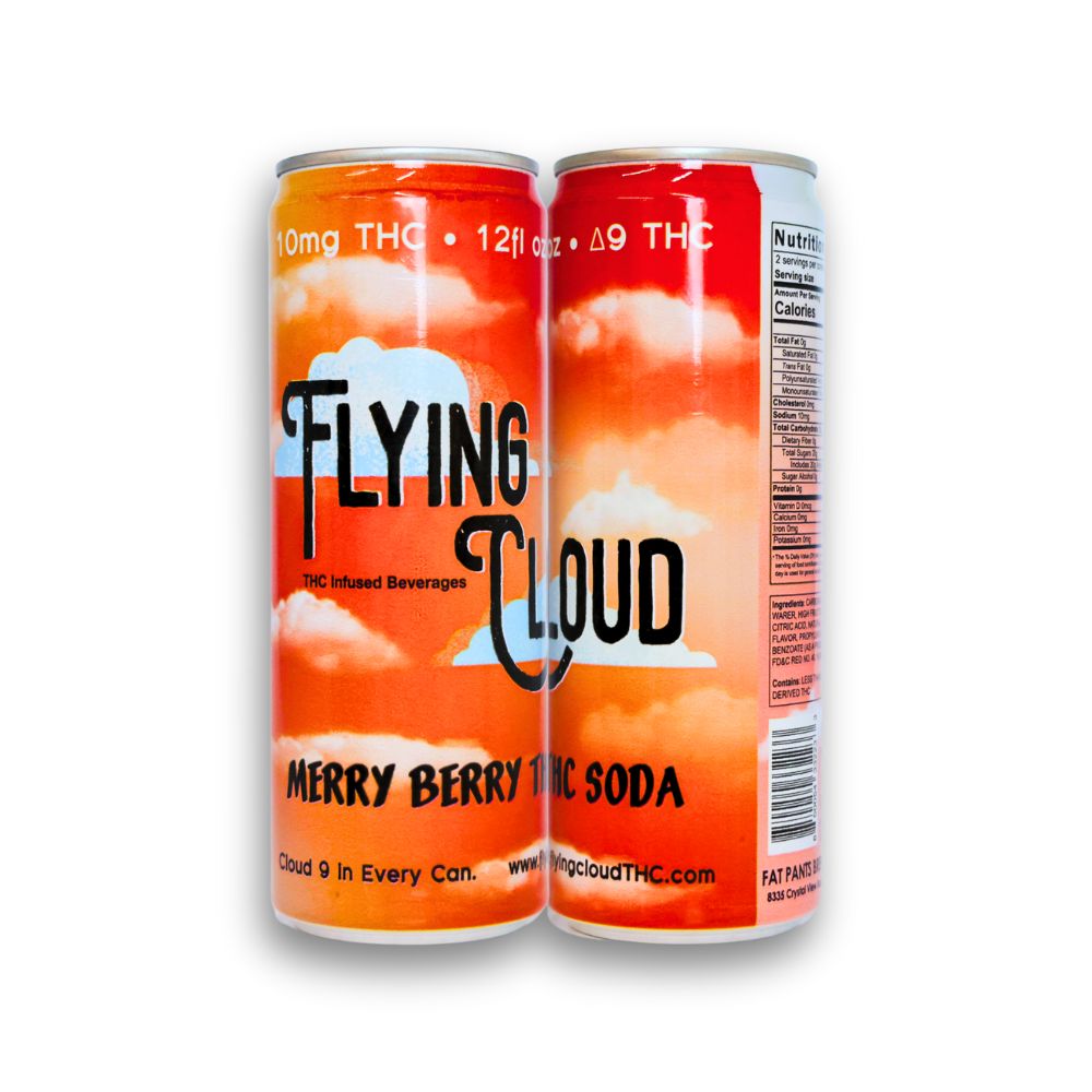 Two cans: Two Flying Cloud Strawberry THC soda cans side by side.