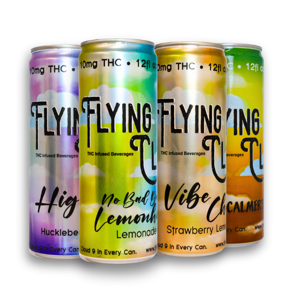 Picture of the Flying Cloud Beverages "Classic" Lemonade Variety Pack featuring THC Infused Classic Lemonade, THC Infused Huckleberry Lemonade, THC Infused Strawberry Lemonade, and THC Infused Iced Tea Lemonade.