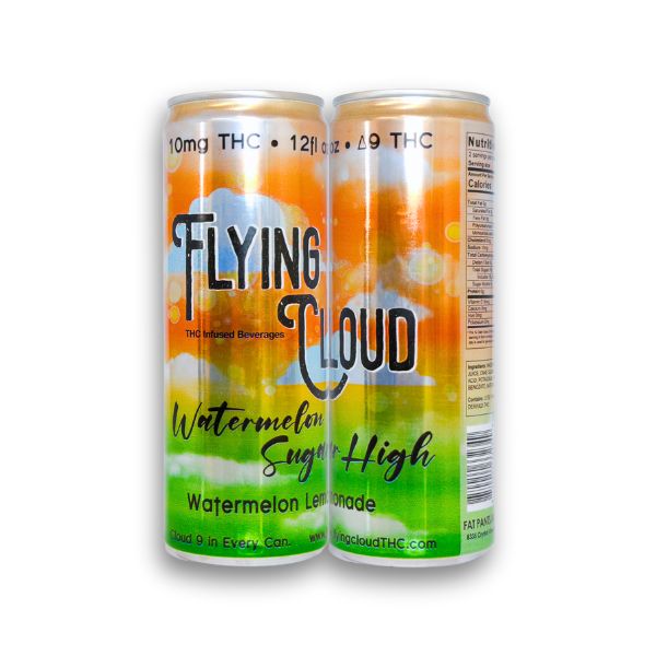 Two cans: Two Flying Cloud Watermelon Lemonade THC beverage cans.