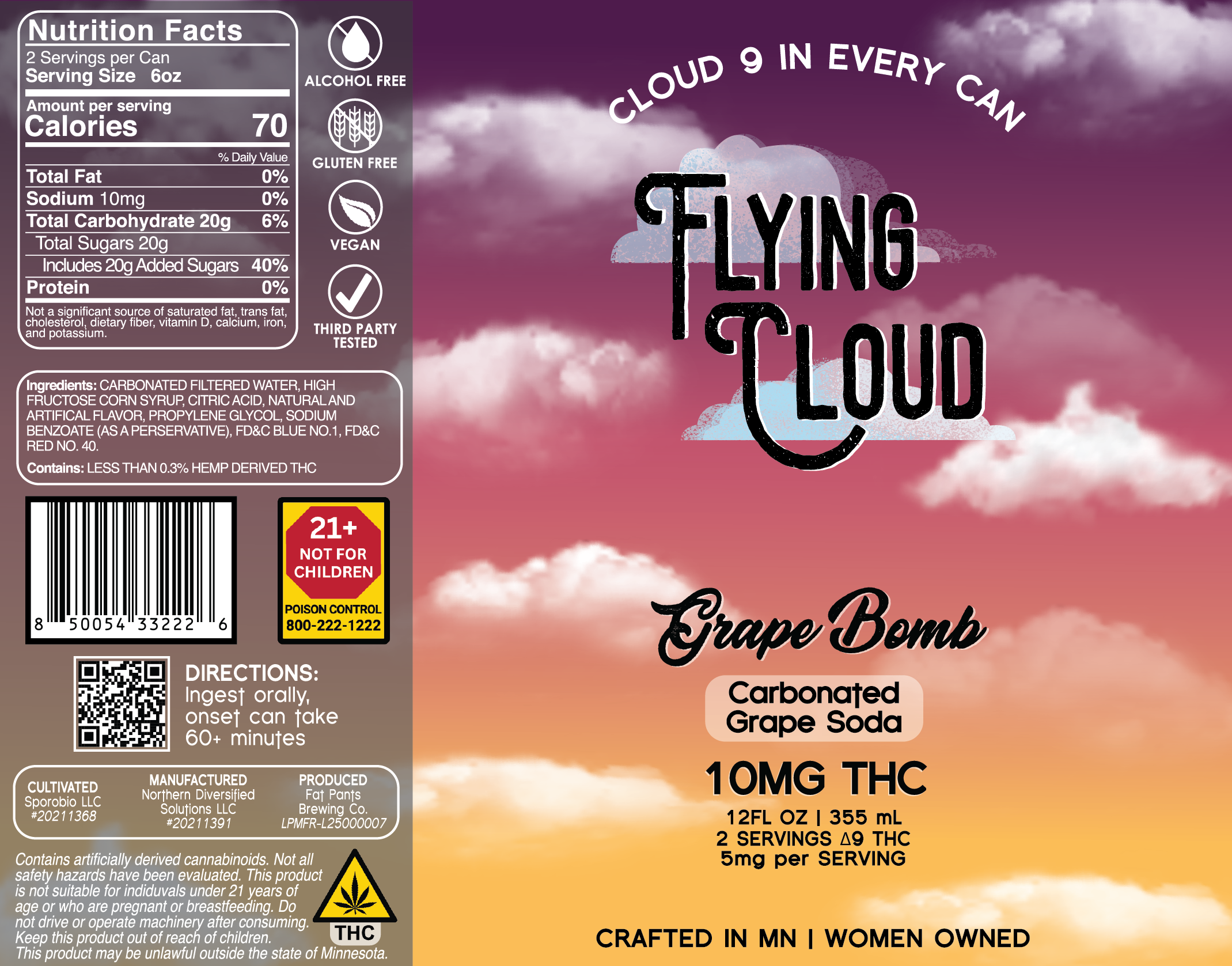 The label design of our "Grape Bomb" grape soda THC infused beverage.