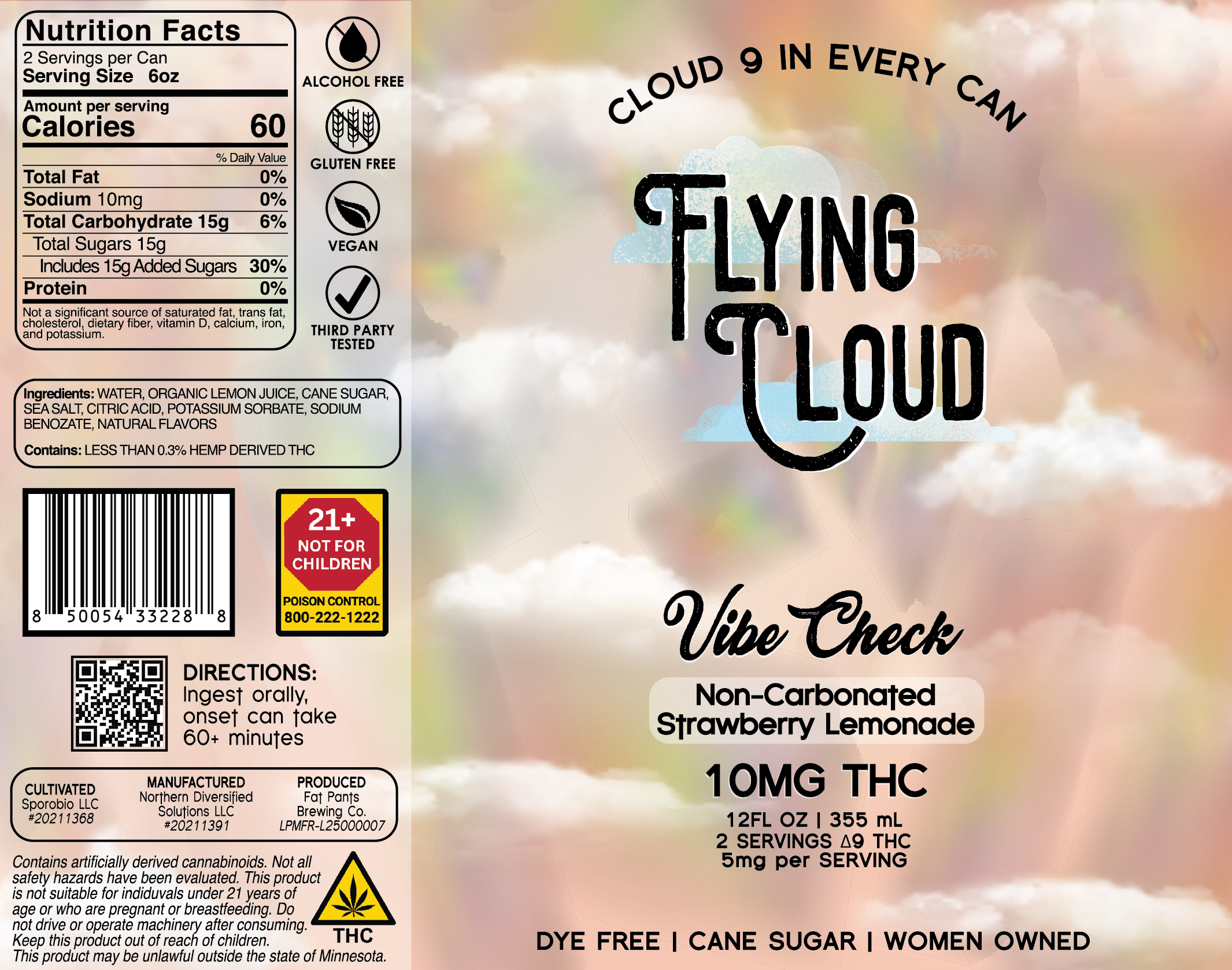 The label design of our "Vibe Check" strawberry lemonade THC infused beverage.